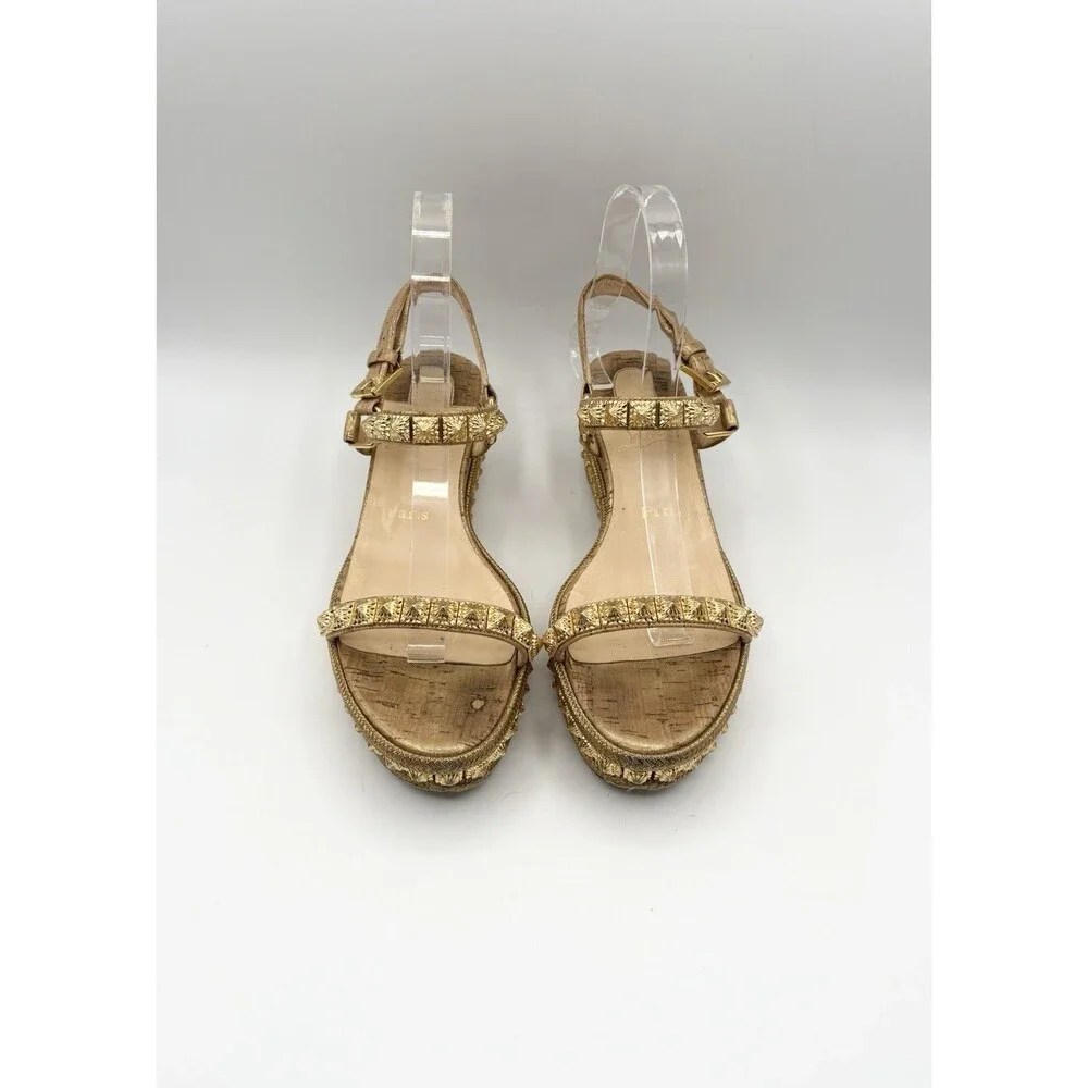 Christian Louboutin Gold Pyraclou 60 Spike Cork Wedge Espadrilles Size EU 38